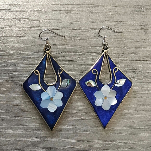 Vintage Alpaca Silver Dangle Earrings with Mother of Pearl Flowers